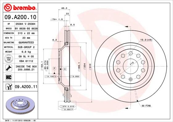 Brembo 09.A200.11 — Tarcza hamulcowa