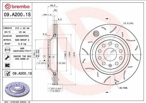 Brembo 09.A200.1S — Tarcza hamulcowa