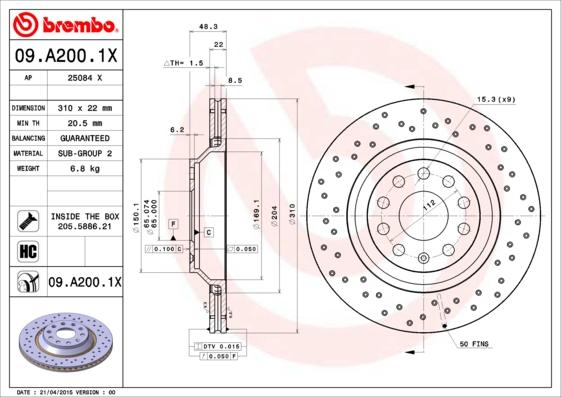 Brembo 09.A200.1X — Tarcza hamulcowa
