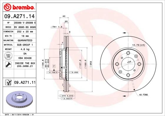 Brembo 09.A271.11 — Tarcza hamulcowa