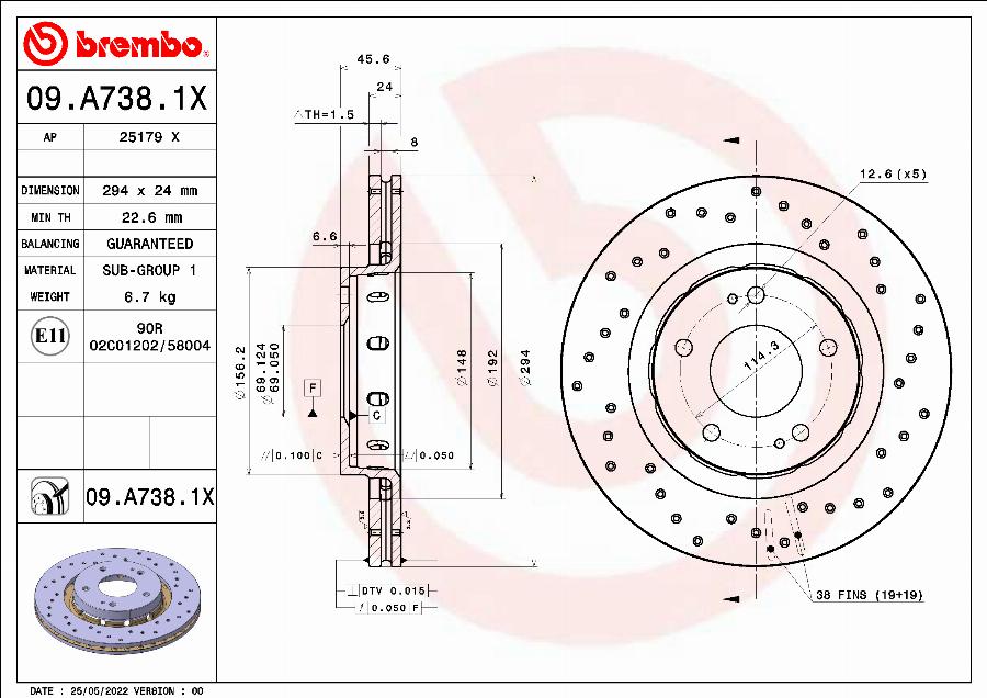 Brembo 09.A738.1X — Tarcza hamulcowa