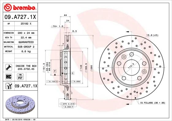 Brembo 09.A727.1X — Tarcza hamulcowa