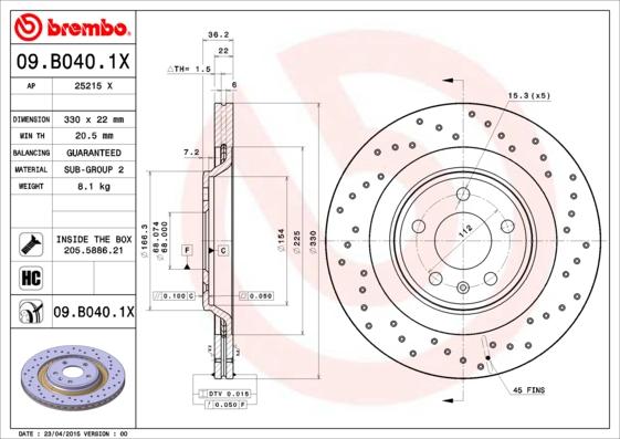 Brembo 09.B040.1X — Tarcza hamulcowa