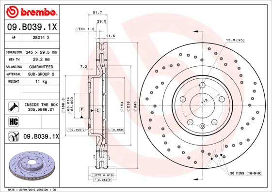 Brembo 09.B039.1X — Tarcza hamulcowa