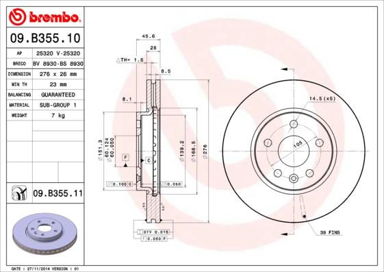 Brembo 09.B355.11 — Tarcza hamulcowa