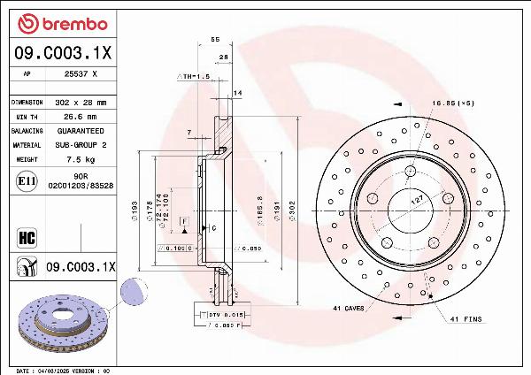 Brembo 09.C003.1X — Tarcza hamulcowa