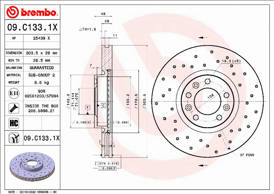 Brembo 09.C133.1X — Tarcza hamulcowa