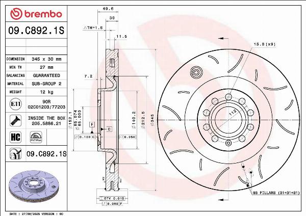 Brembo 09.C892.1S — Tarcza hamulcowa
