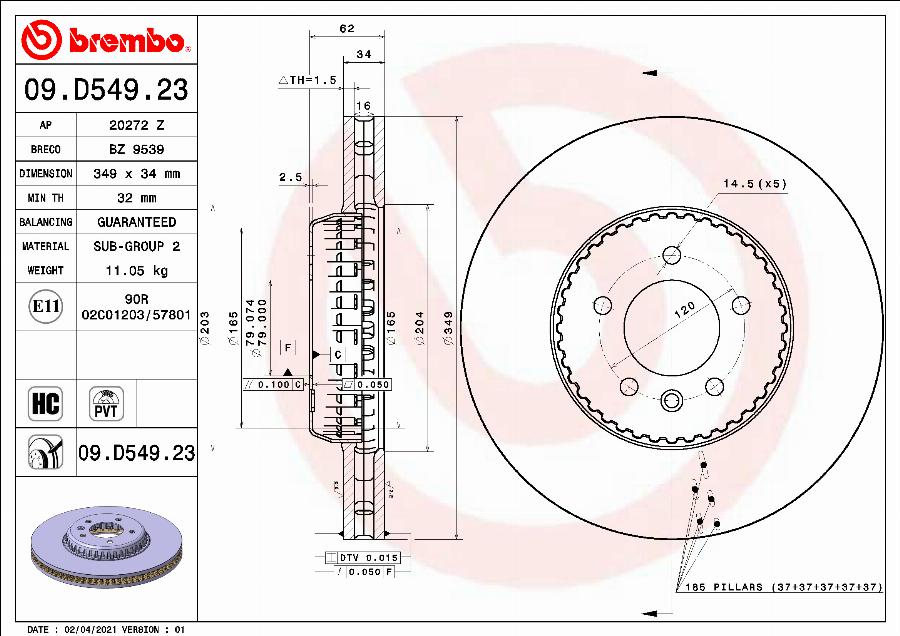 Brembo 09.D549.23 — Tarcza hamulcowa