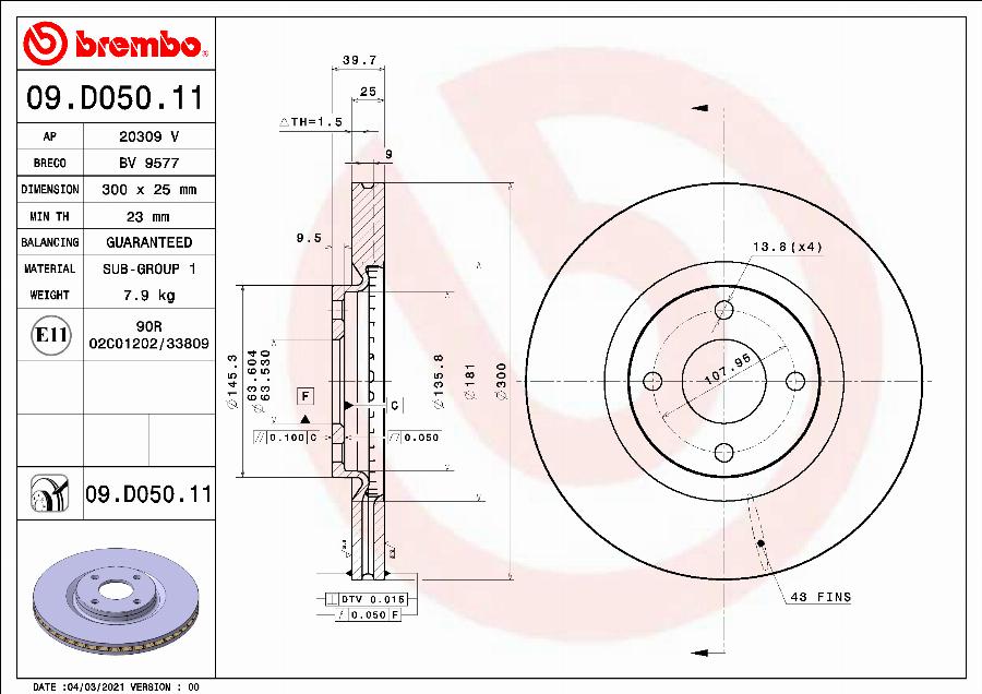 Brembo 09.D050.11 — Tarcza hamulcowa