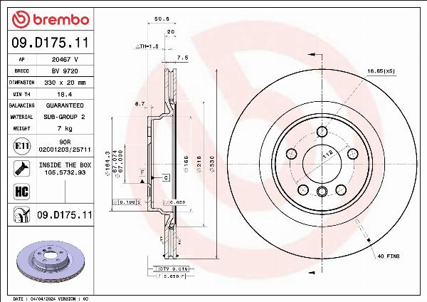 Brembo 09.D175.11 — Tarcza hamulcowa