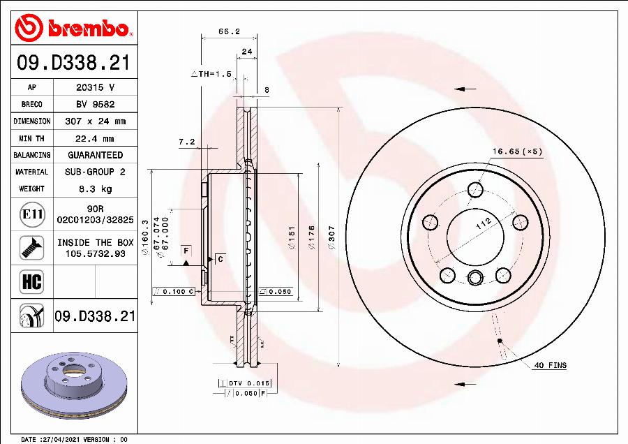 Brembo 09.D338.21 — Tarcza hamulcowa