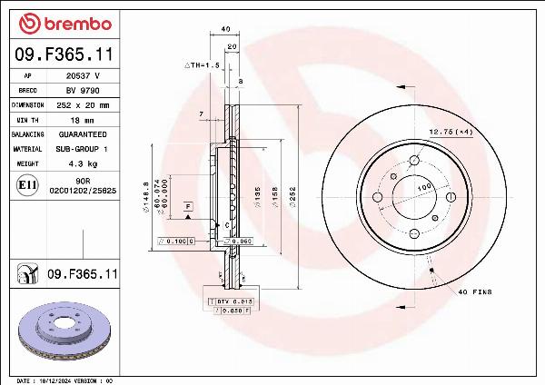 Brembo 09.F365.11 — Tarcza hamulcowa