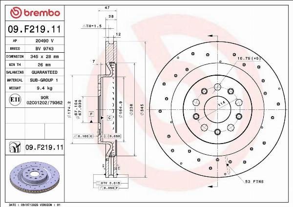 Brembo 09.F219.11 — Tarcza hamulcowa