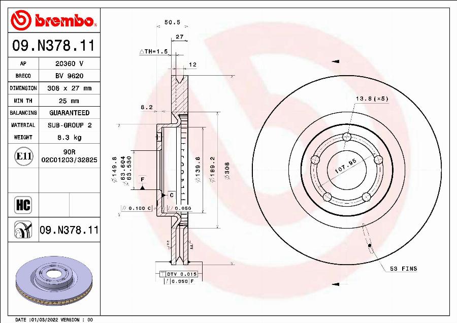 Brembo 09.N378.11 — Tarcza hamulcowa