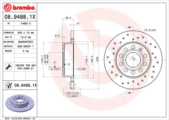 Brembo 08.9488.1X — Tarcza hamulcowa