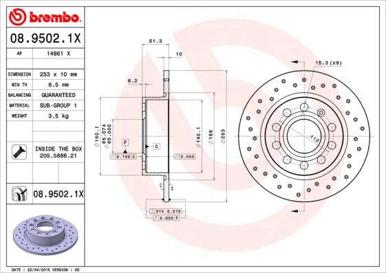 Brembo 08.9502.1X — Tarcza hamulcowa