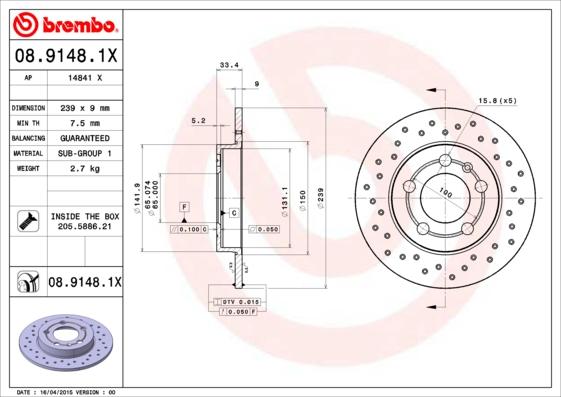 Brembo 08.9148.1X — Tarcza hamulcowa