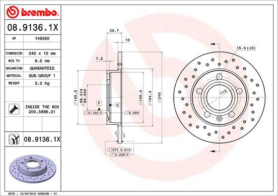 Brembo 08.9136.1X — Tarcza hamulcowa