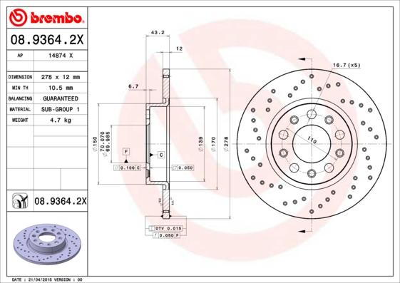 Brembo 08.9364.2X — Tarcza hamulcowa