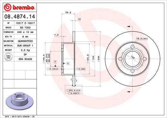 Brembo 08.4874.14 — Tarcza hamulcowa