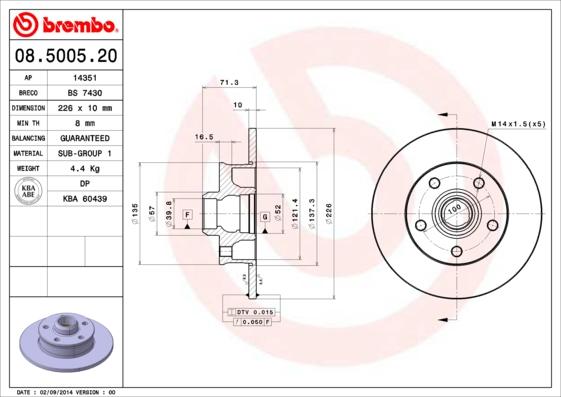 Brembo 08.5005.20 — Tarcza hamulcowa