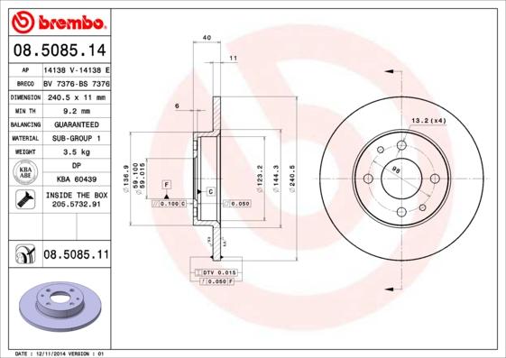 Brembo 08.5085.11 — Tarcza hamulcowa