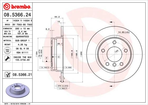 Brembo 08.5366.21 — Tarcza hamulcowa