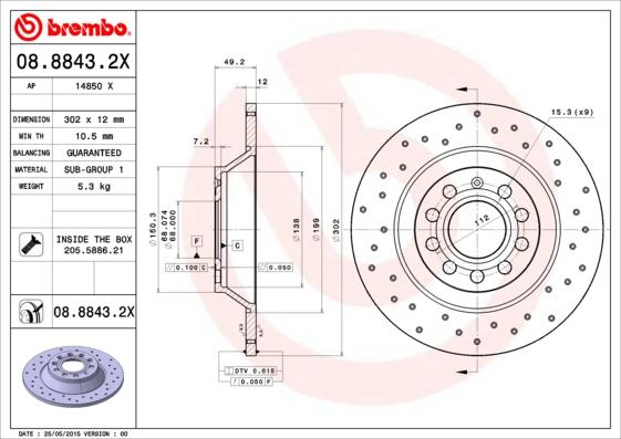 Brembo 08.8843.2X — Tarcza hamulcowa