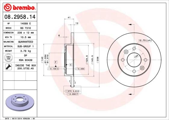 Brembo 08.2958.14 — Tarcza hamulcowa