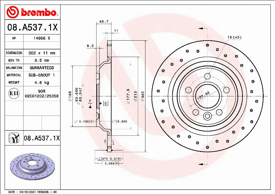 Brembo 08.A537.1X — Tarcza hamulcowa