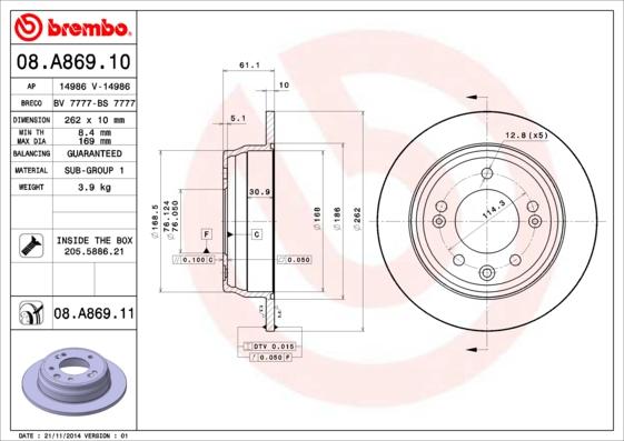 Brembo 08.A869.11 — Tarcza hamulcowa