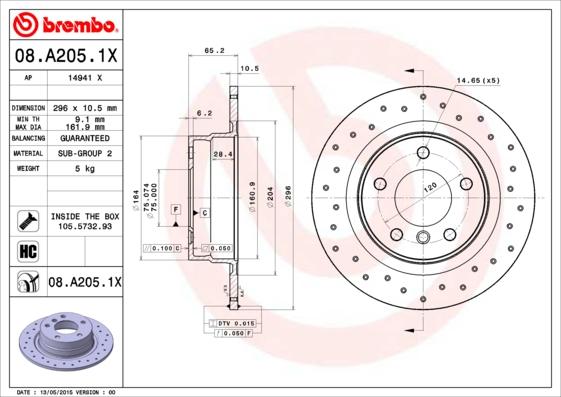 Brembo 08.A205.1X — Tarcza hamulcowa