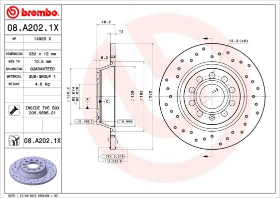 Brembo 08.A202.1X — Tarcza hamulcowa