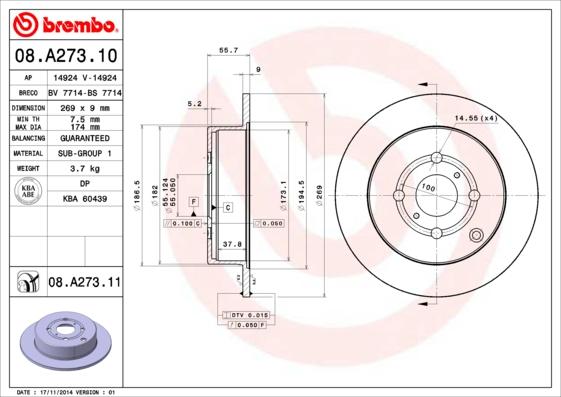 Brembo 08.A273.11 — Tarcza hamulcowa