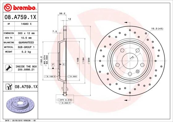 Brembo 08.A759.1X — Tarcza hamulcowa