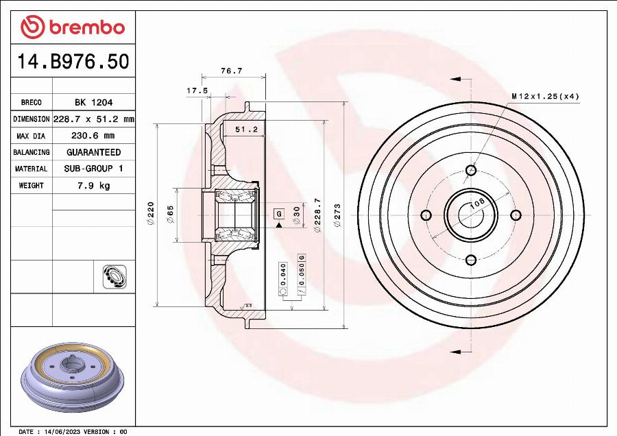 Brembo 14.B976.50 — Bęben hamulcowy