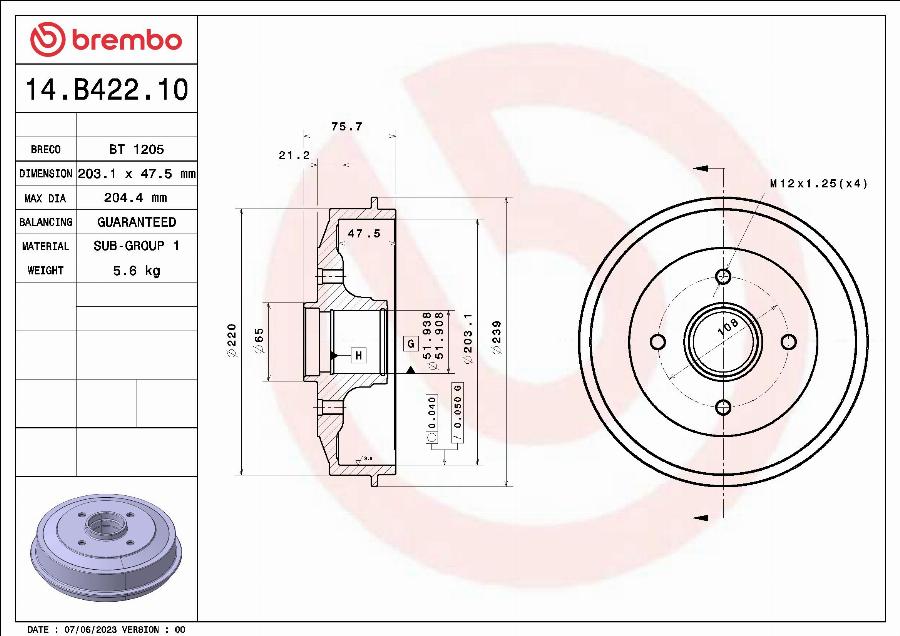 Brembo 14.B422.10 — Bęben hamulcowy