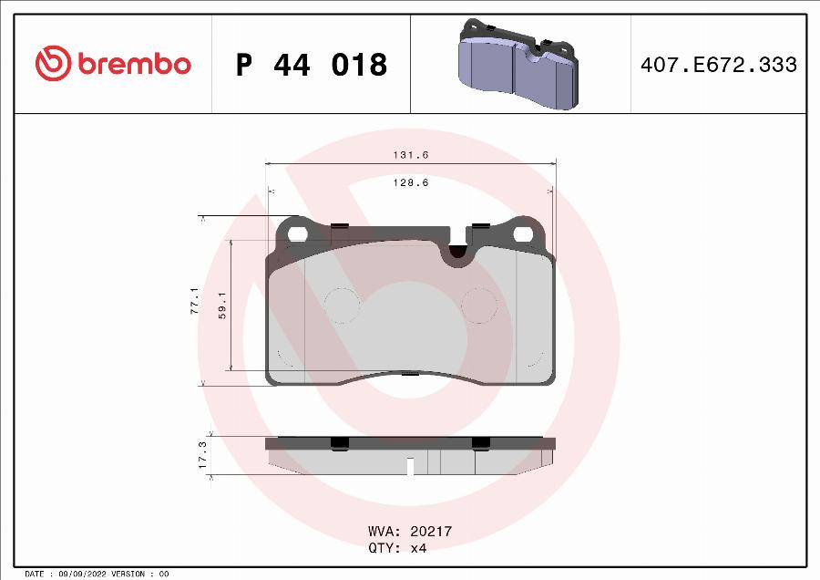Brembo P 44 018 — Zestaw klocków hamulcowych, hamulce tarczowe