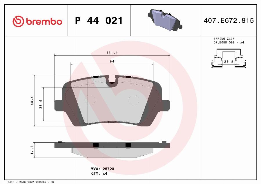 Brembo P 44 021 — Zestaw klocków hamulcowych, hamulce tarczowe