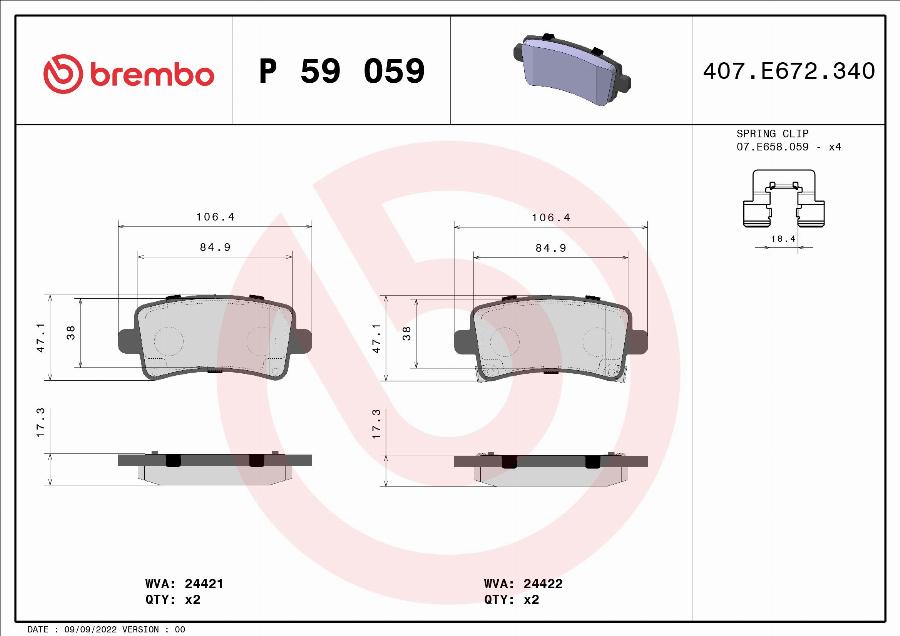 Brembo P 59 059 — Zestaw klocków hamulcowych, hamulce tarczowe