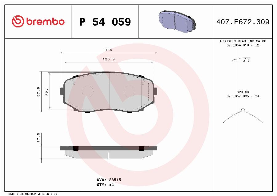 Brembo P 54 059 — Zestaw klocków hamulcowych, hamulce tarczowe