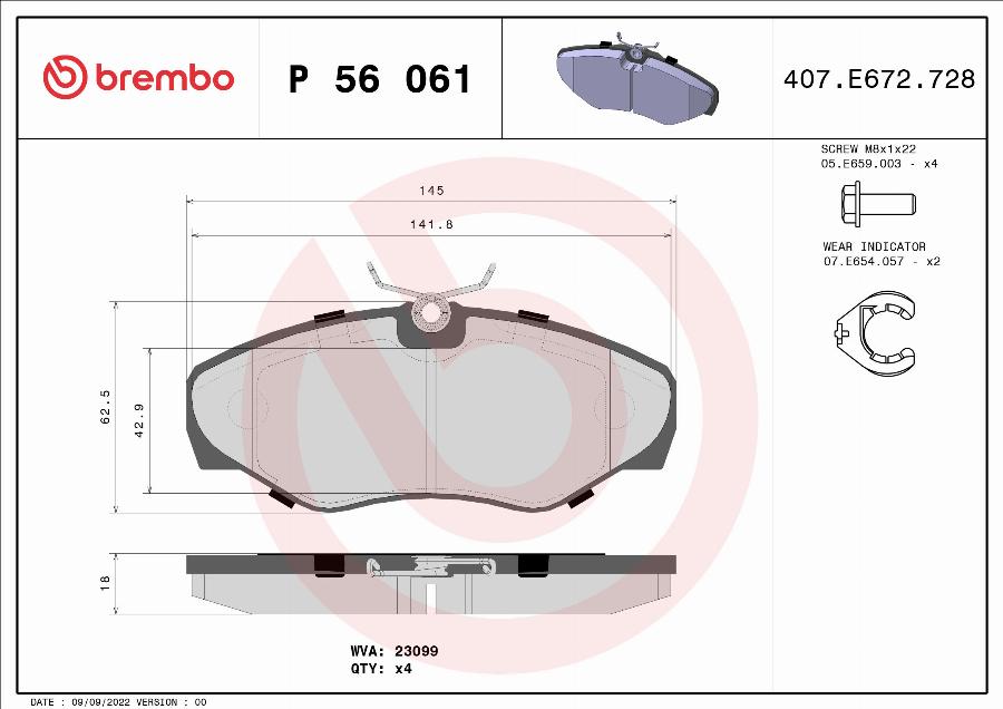 Brembo P 56 061 — Zestaw klocków hamulcowych, hamulce tarczowe
