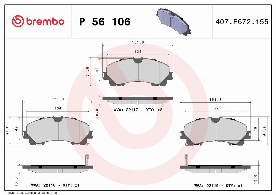 Brembo P 56 106 — Zestaw klocków hamulcowych, hamulce tarczowe