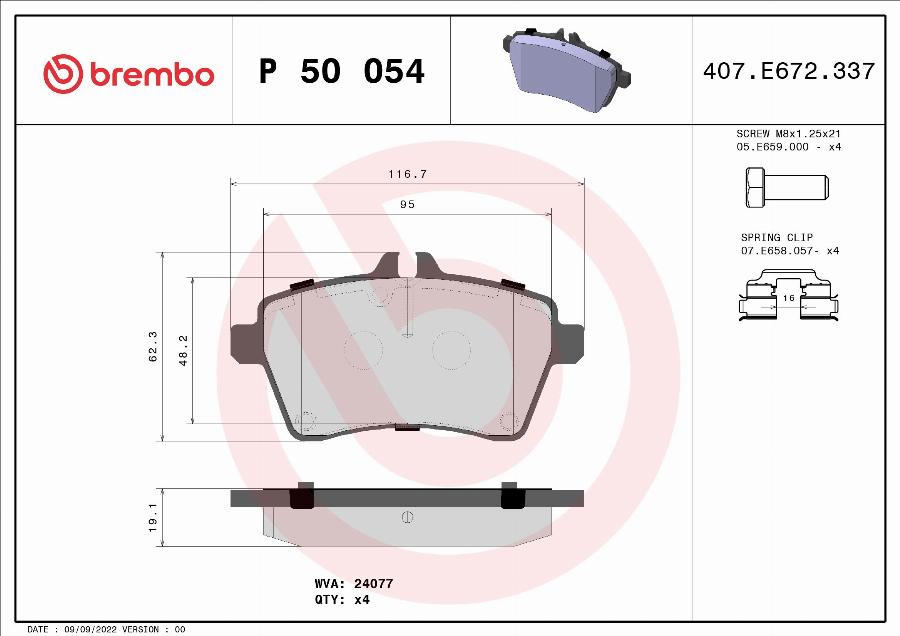 Brembo P 50 054 — Zestaw klocków hamulcowych, hamulce tarczowe