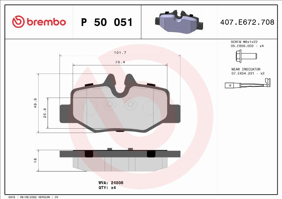 Brembo P 50 051 — Zestaw klocków hamulcowych, hamulce tarczowe