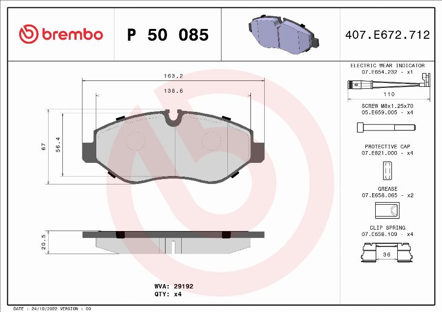 Brembo P 50 085 — Zestaw klocków hamulcowych, hamulce tarczowe