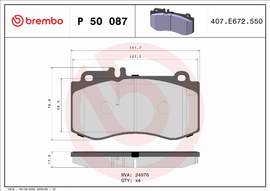Brembo P 50 087 — Zestaw klocków hamulcowych, hamulce tarczowe