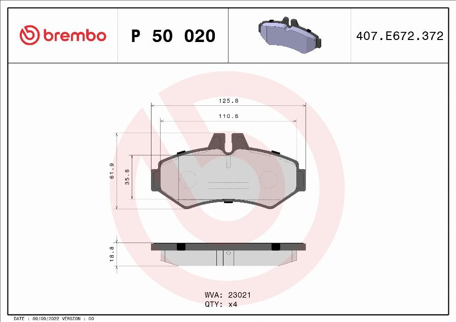 Brembo P 50 020 — Zestaw klocków hamulcowych, hamulce tarczowe