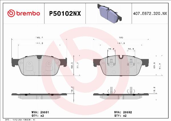 Brembo P50102NX — Zestaw klocków hamulcowych, hamulce tarczowe